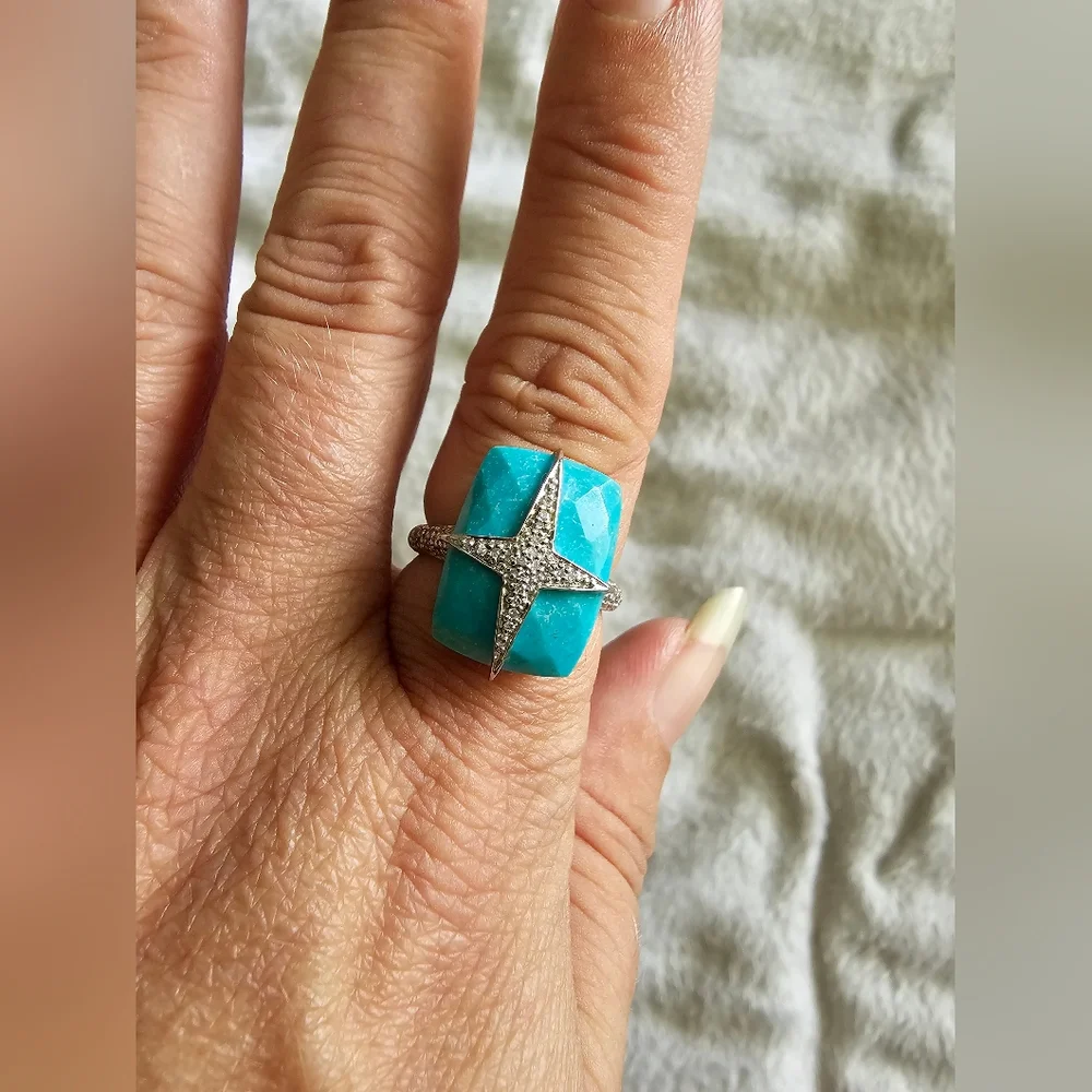 Turquoise and white topaz silver ring